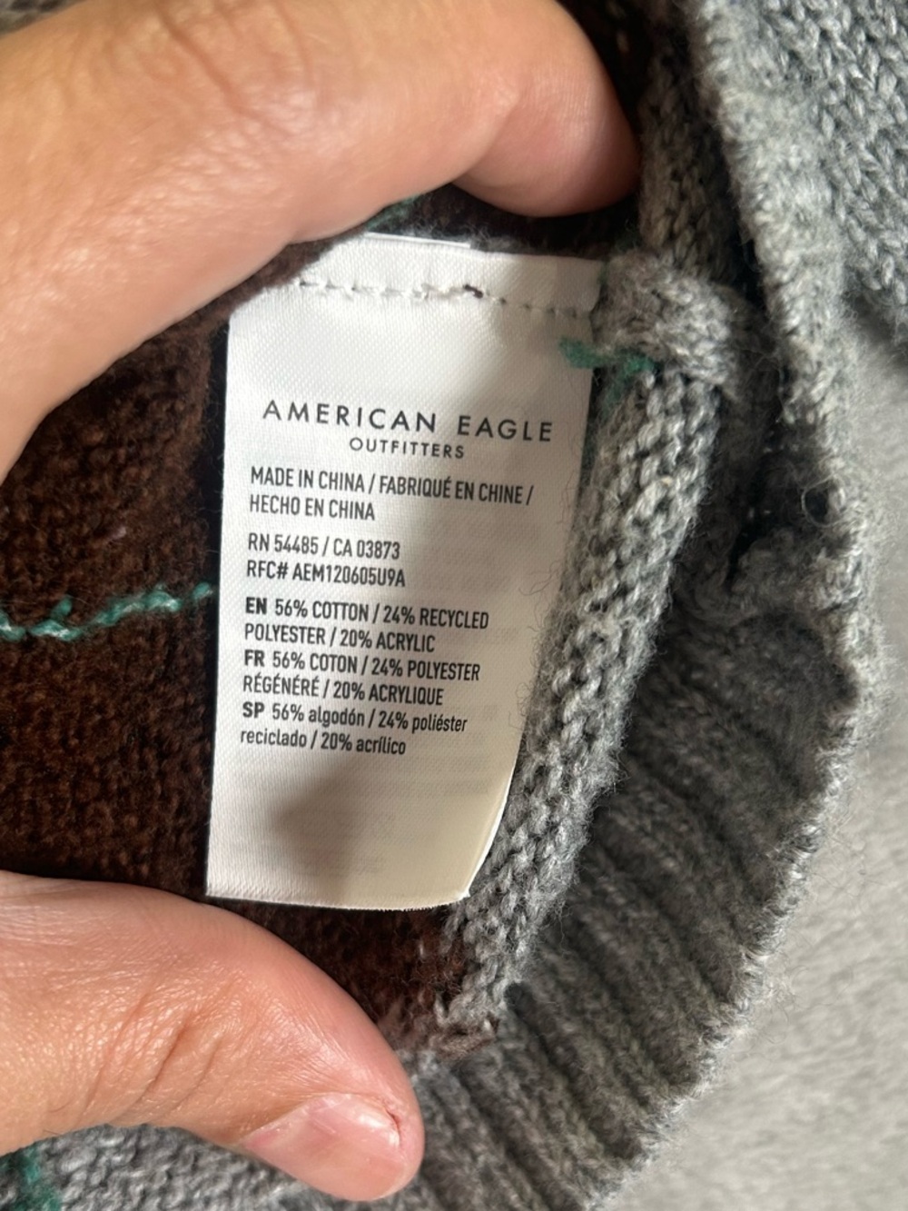 American Eagle Outfitters Cropped Argyle Button-Front Sweater - Gray/Brown/Cream - Picture 3 of 9